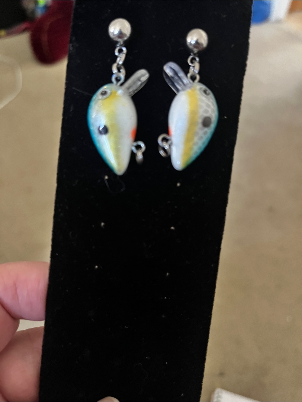 Fish Lure Style Drop Earrings - Blue, Yellow, White